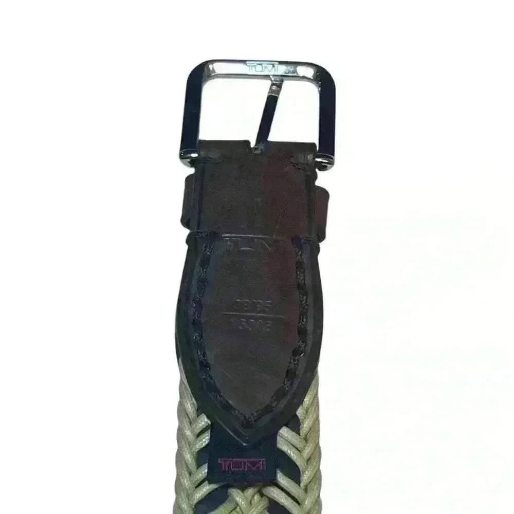 Tumi 35"-39”Belt Woven Cotton Cord Leather Brown Cream Silver Buckle Size 38 - Picture 3 of 10